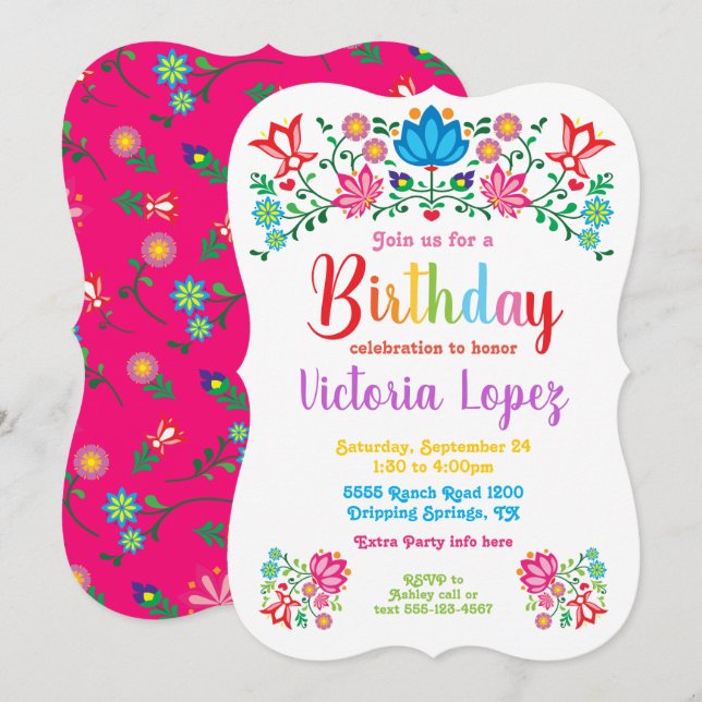 Fiesta Birthday Party Folkart Blume Einladung (Vorne/Hinten)