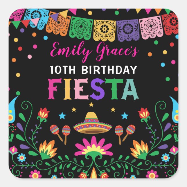 Fiesta Birthday Party Mexikanisches Blumenmuster Quadratischer Aufkleber (Vorderseite)