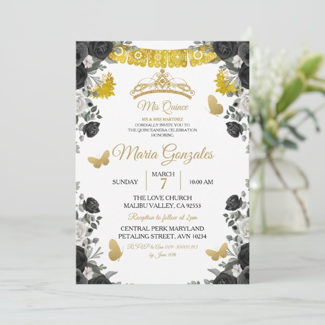 Fiesta Black & Gold Butterfly Mis XV Anos Einladung (Stehend Vorderseite)