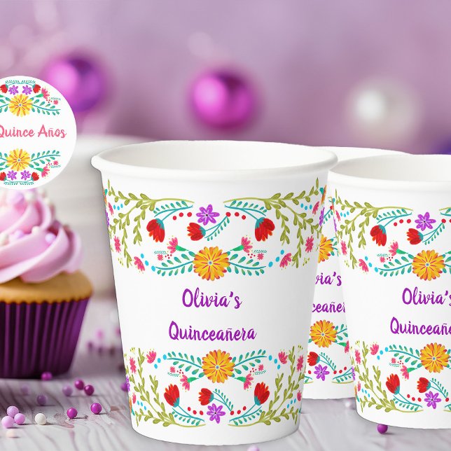 Fiesta Blume Weißes und Lila Papier Pappbecher (Party cups from my Mexican Fiesta Flowers Quinceanera Collection)