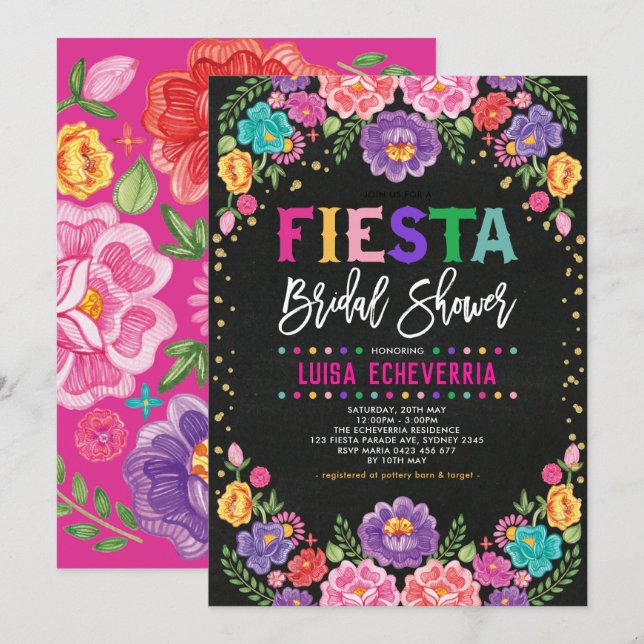 Fiesta Brautparty Mexicanisches Blume Chalkboard Einladung (Vorne/Hinten)