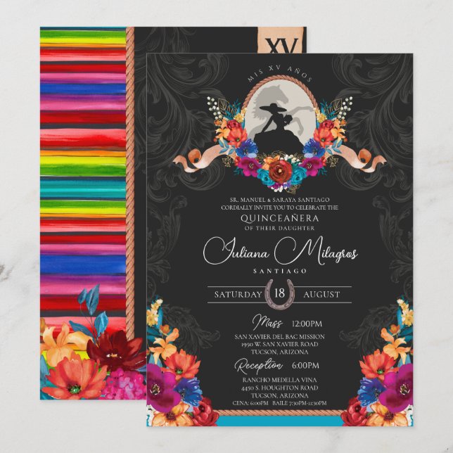 Fiesta Bright Blume Elegante Charro Quinceanera Einladung (Vorne/Hinten)