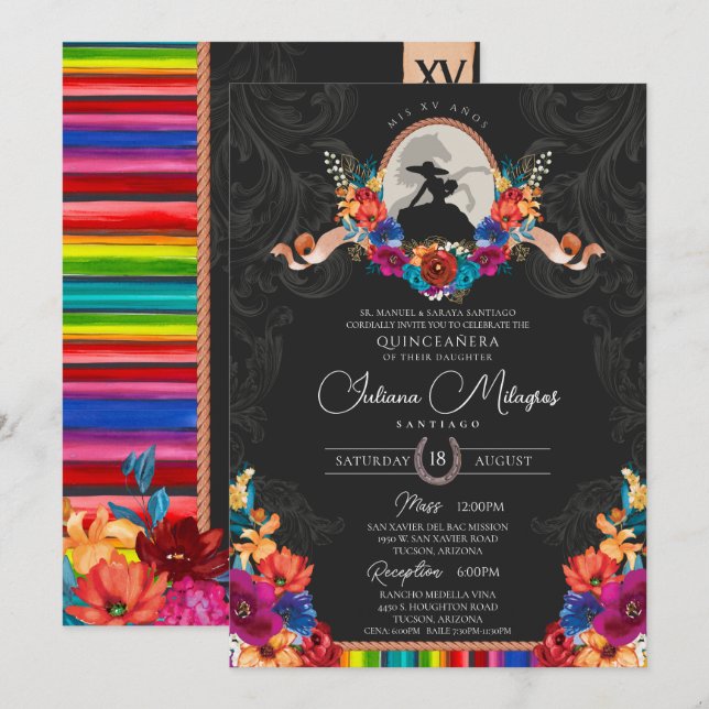 Fiesta Bright Folk Floral Charro Quinceanera Einladung (Vorne/Hinten)