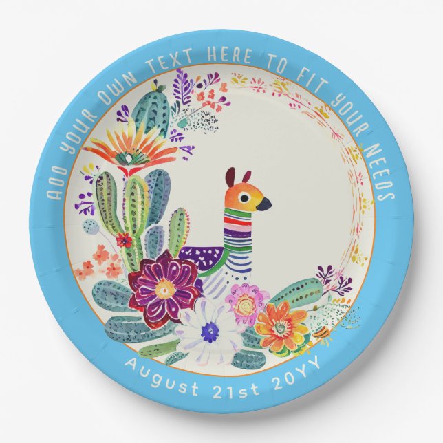 FIESTA Cacti Llama Folkart Blume Blue Custom Pappteller (Vorderseite)