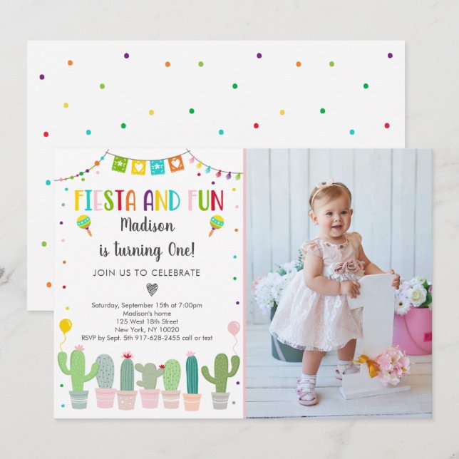 Fiesta Cactus Invitation pour le premier anniversa (Devant / Derrière)