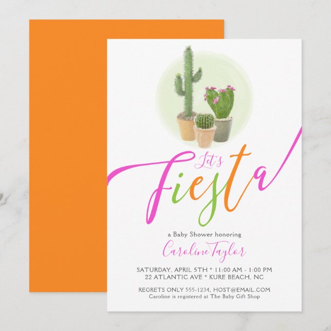 Fiesta Cactus Neon Pink Orange Baby Shower Einladung (Vorne/Hinten)