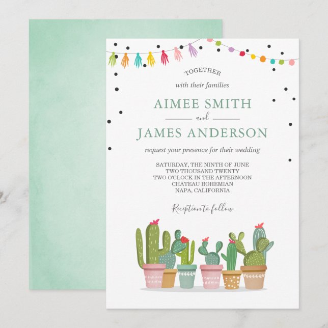 Fiesta Cactus succulent Watercolor Pastel Wedding Einladung (Vorne/Hinten)