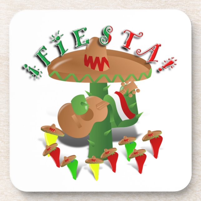 Fiesta Cactus w/Sombrero & Guitar Untersetzer (Vorderseite)