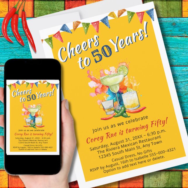 Fiesta Cheers to 50 Years Mexican Themed Birthday Einladung (Von Creator hochgeladen)