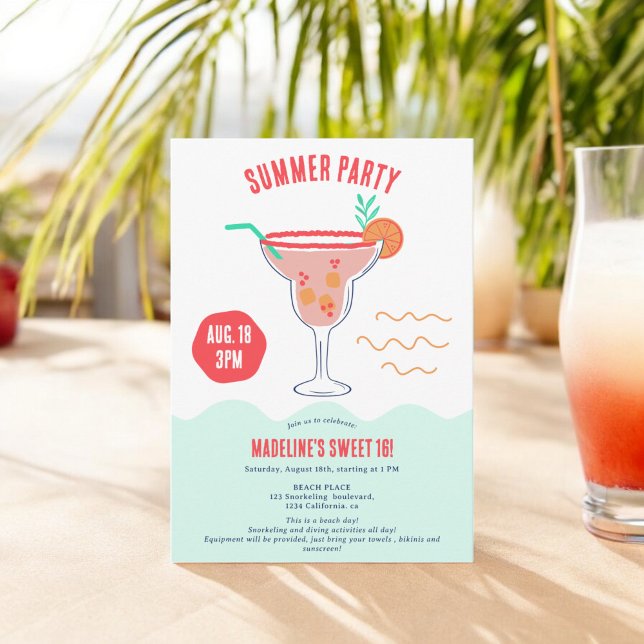 Fiesta Cocktail Illustration Sommer Strand Sweet 1 Einladung (Fiesta Cocktail illustration summer beach Sweet 16 Invitation)