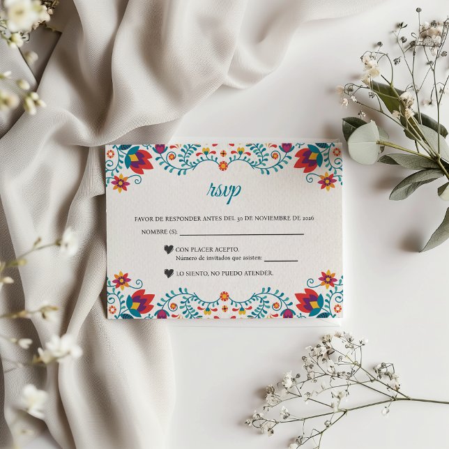 Fiesta Colorful Botanical Floral Spanish Wedding RSVP Karte (Fiesta Colorful Botanical Floral Spanish Wedding RSVP Card)