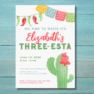 Fiesta Colorful Cactus Three-esta Birthday Einladung