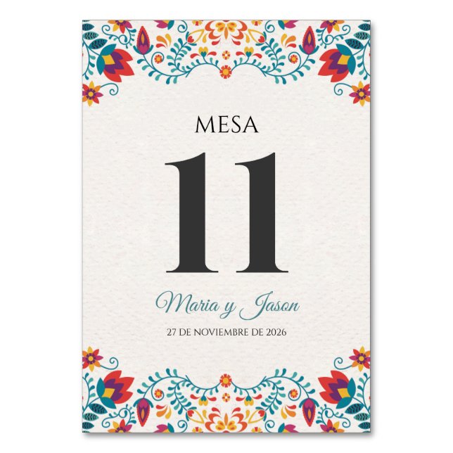 Fiesta Colorful Floral Spanish Wedding Tischnummer (Vorderseite)