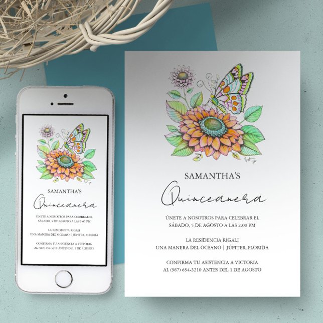 Fiesta de Quinceañera con Tema de Mariposas Einladung (Quinceanera invitations designed with butterfly art by Victoria Grigaliunas of Do Tell A Belle)