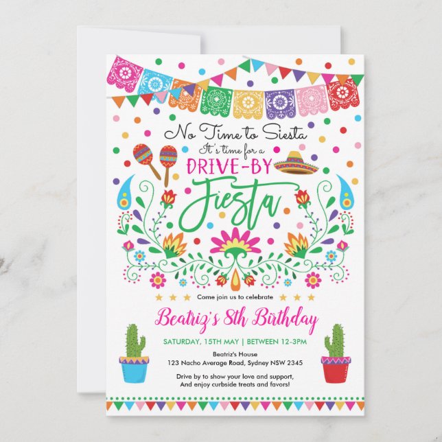 Fiesta Drive By Birthday Mexikanisches Party Parad Einladung (Vorderseite)