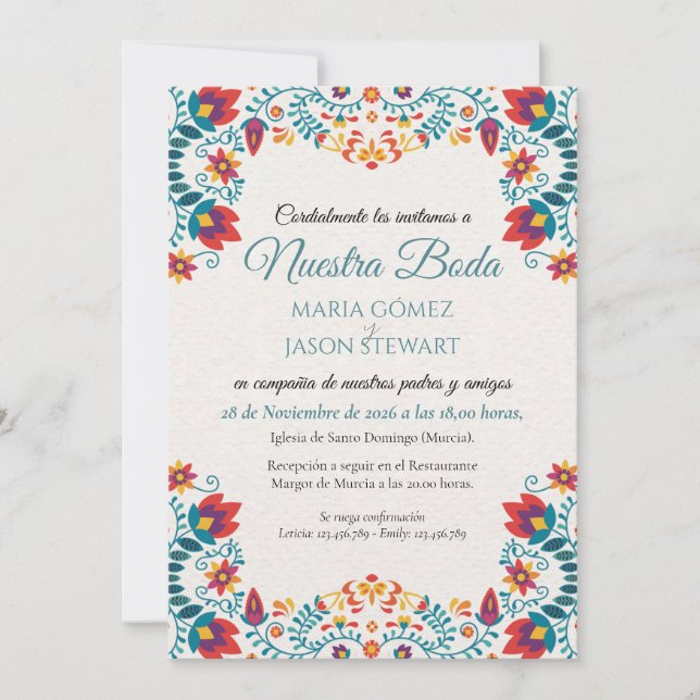 Fiesta Elegant Colorful Floral Spanish Wedding Einladung (Vorderseite)