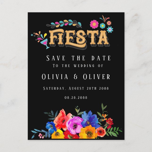 Fiesta farbenfrohe blumenreiche Hochzeit rettet da Postkarte (Vorderseite)