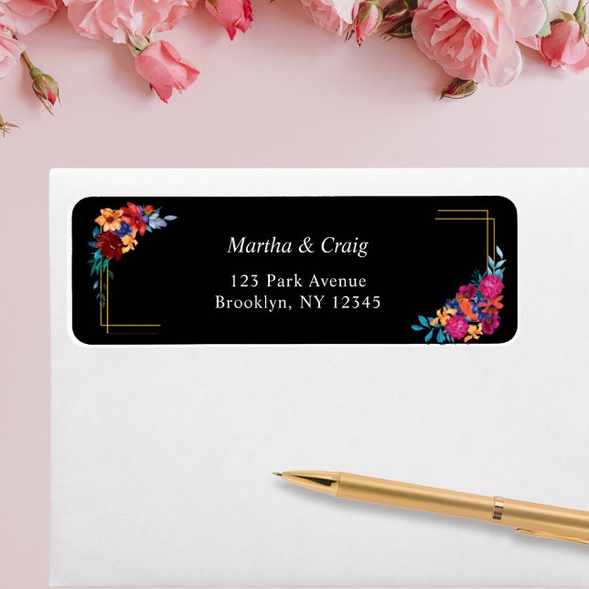 Fiesta Floral Black Wedding Return Address Label (Von Creator hochgeladen)