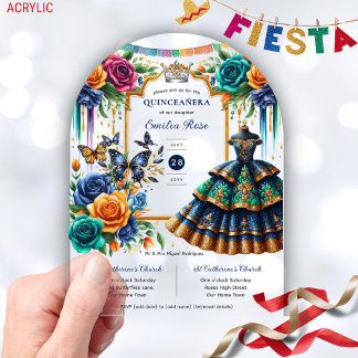 Fiesta Floral Butterflies QUINCEANERA Blue Gold Acryleinladungen