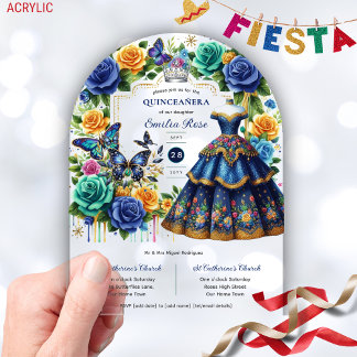 Fiesta Floral Butterflies QUINCEANERA Blue Gold Acryleinladungen