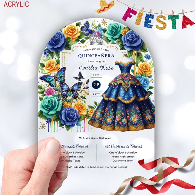 Fiesta Floral Butterflies QUINCEANERA Blue Gold Acryleinladungen (Von Creator hochgeladen)