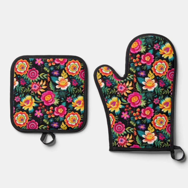 Fiesta Floral Extravaganza Ofenhandschuh & Topflappen-Set (Vorderseite)