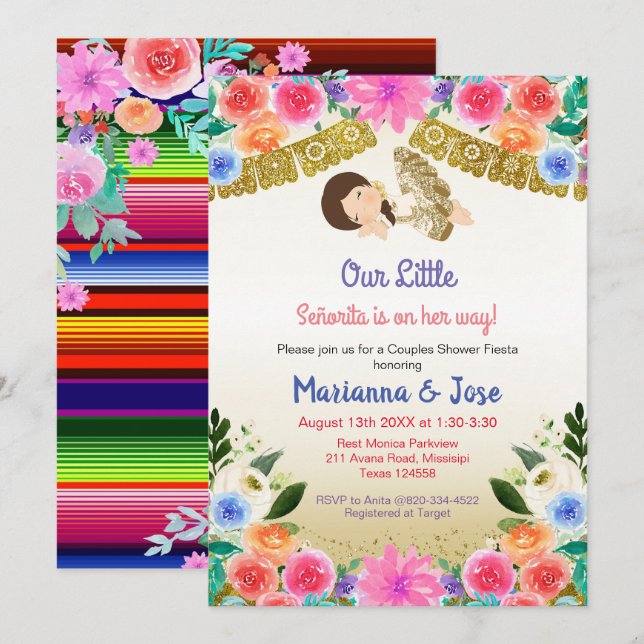 Fiesta Floral Girl Dusche Party Einladung (Vorne/Hinten)