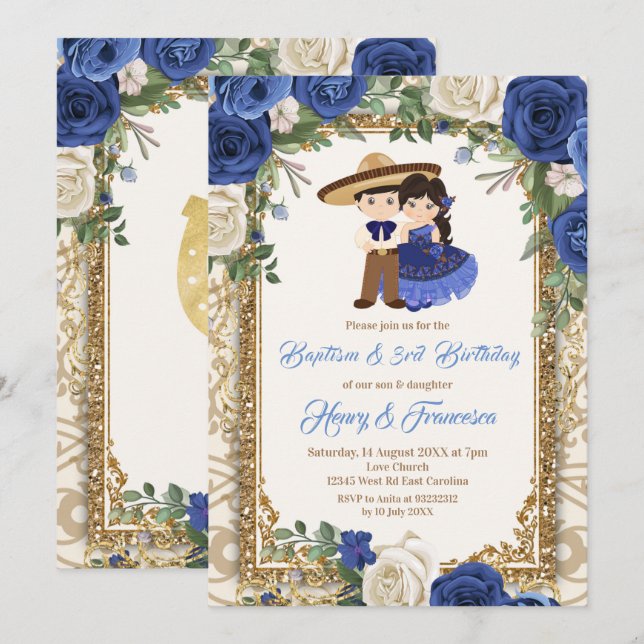 Fiesta Floral Sibling Blue Taufe & Geburtstag Einladung (Vorne/Hinten)