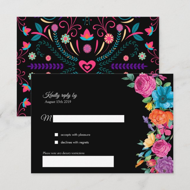 Fiesta Flowers & Broderie mexicaine Carte RSVP (Devant / Derrière)