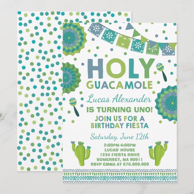 Fiesta Geburtstag Einladung Heilige Guacamole Part (Vorne/Hinten)