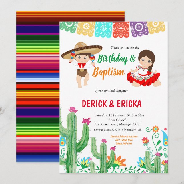 Fiesta Geburtstag und Taufe für Zwillingsjunge und Einladung (Vorne/Hinten)