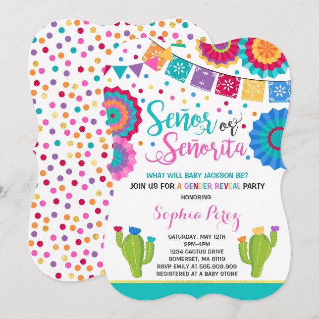 Fiesta Gender Reveitation Señor oder Señorita Einladung (Vorne/Hinten)