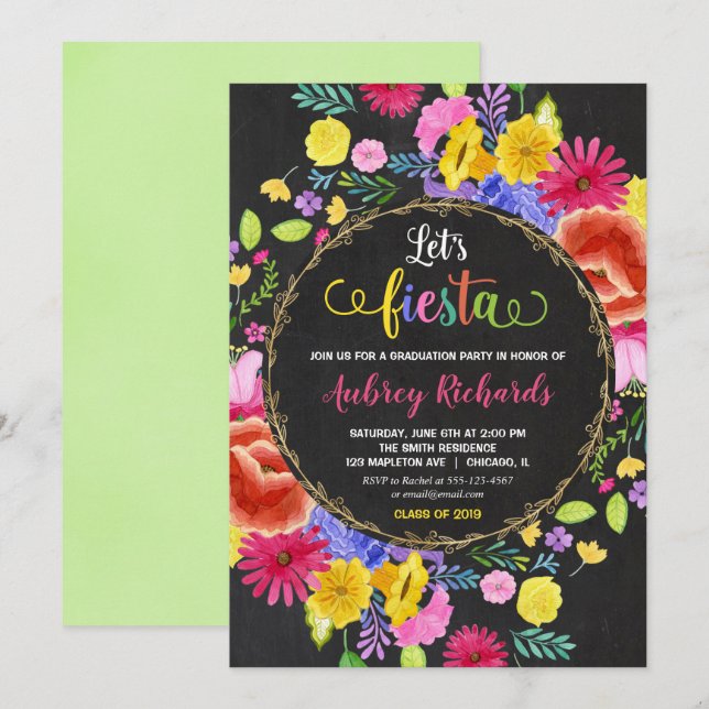 Fiesta Graduierungsparty Blumenfarben Einladung (Vorne/Hinten)