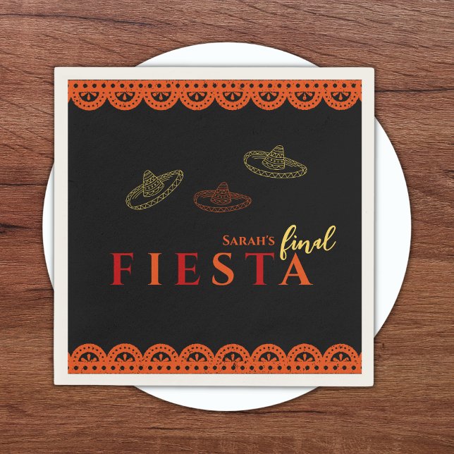 Fiesta-Junggeselinnen-Abschied Serviette (Final fiesta mexican bachelorette party napkins sombreros and papel picado red, orange and yellow)