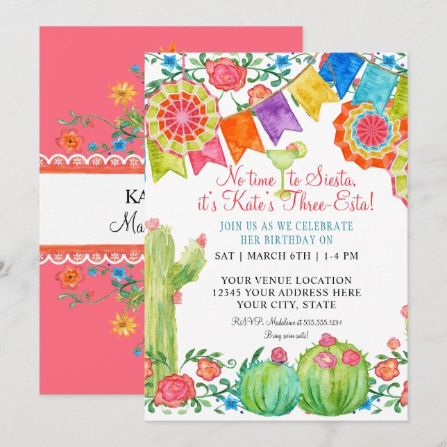 Fiesta Margarita Floral Cactus Birthday Party Einladung (Vorne/Hinten)