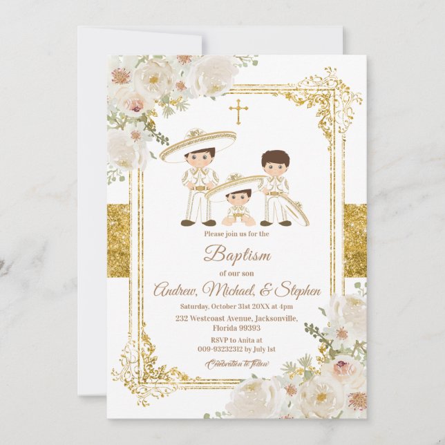 Fiesta Mexicain Garçons Baptême d'or et Invitation (Devant)