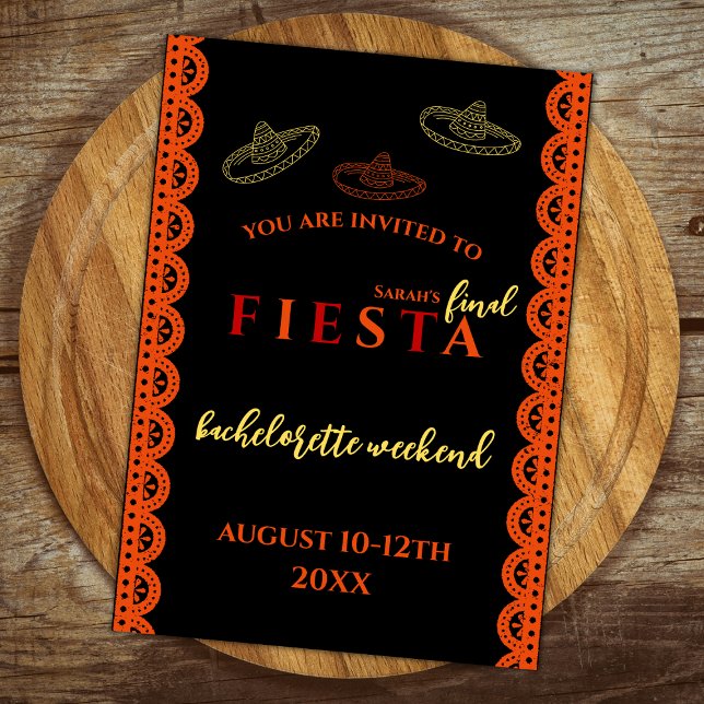 Fiesta Mexican Bachelorette Weekend Einladung (final fiesta bachelorette party invitation orange and red sombreros mexican themed )