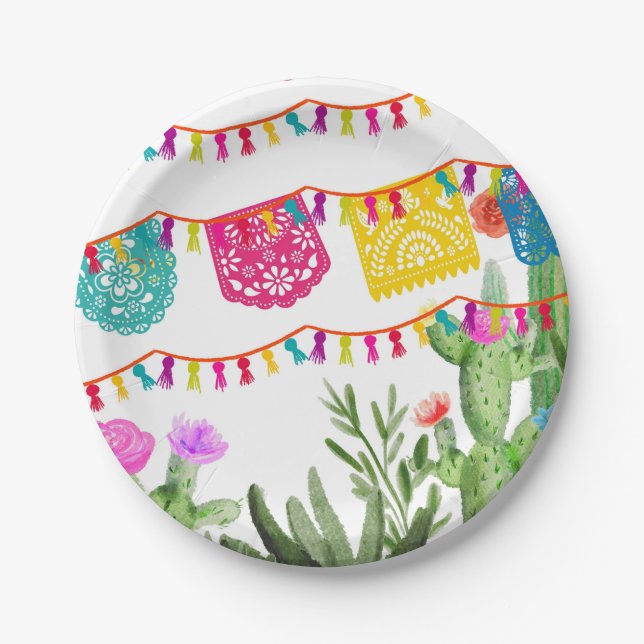 Fiesta Mexican Banners Floral Cactus Paper Plate Pappteller (Vorderseite)