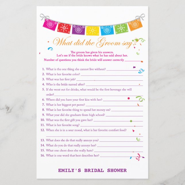 Fiesta Mexican Brautparty Game PRINTED (Vorderseite)