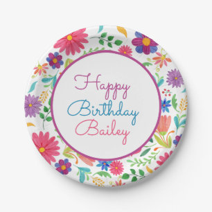 Fiesta Mexican Folk Watercolor Floral Birthday Pap Pappteller