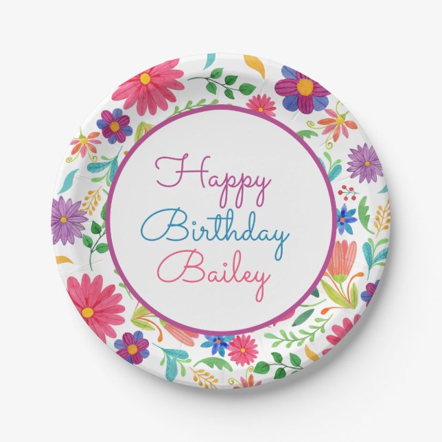 Fiesta Mexican Folk Watercolor Floral Birthday Pap Pappteller (Vorderseite)