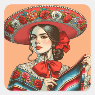 Fiesta Mujer Mariachi Gastgeschenk Quadratischer Aufkleber