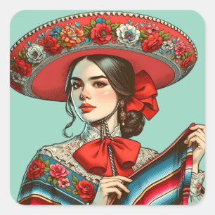 Fiesta Mujer Mariachi Gastgeschenk Quadratischer Aufkleber