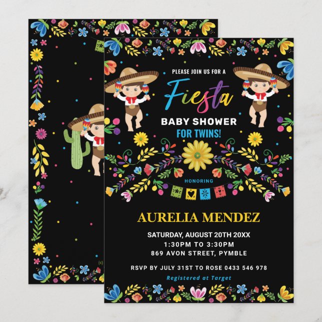 Fiesta Niedlich Twins Boys Twin Baby Shower Einladung (Vorne/Hinten)