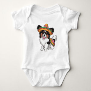 Fiesta Papillon Dog Wearing Sombrero und Sarape Baby Strampler