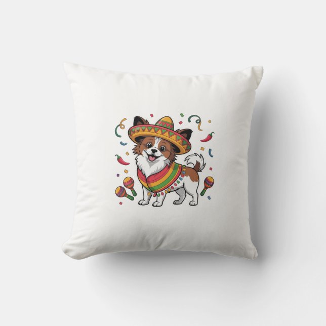 Fiesta Papillon Dog Wearing Sombrero und Sarape Kissen (Vorderseite)