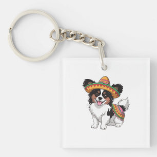 Fiesta Papillon Dog Wearing Sombrero und Sarape Schlüsselanhänger