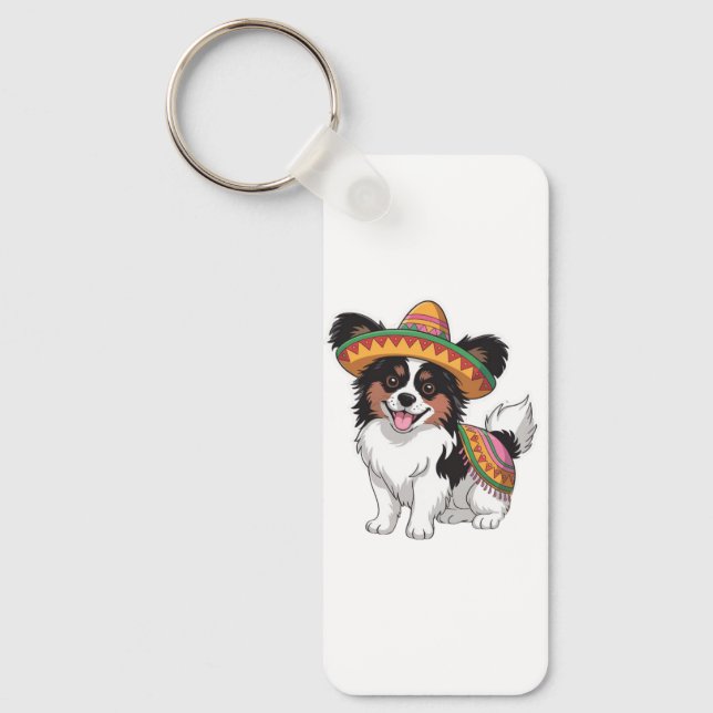 Fiesta Papillon Dog Wearing Sombrero und Sarape Schlüsselanhänger (Vorderseite)