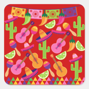 Fiesta-PartySombrero kalkt Gitarre Maraca Saguaro Quadratischer Aufkleber