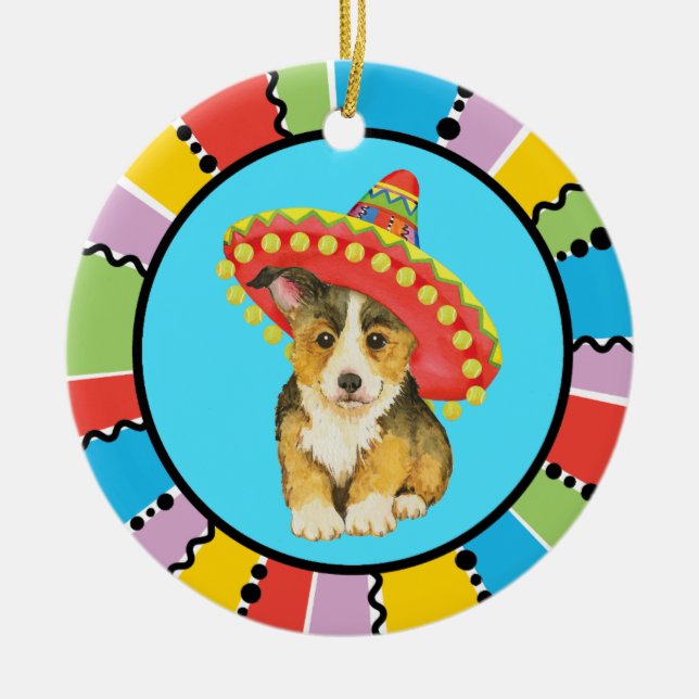 Fiesta Pembroke Welsh Corgi Keramik Ornament (Vorne)